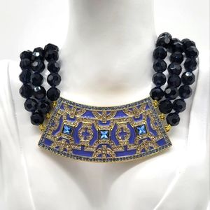 Heidi Daus Jet Black Swarovski Crystal Necklace with Intricate Blue Enamel Bib